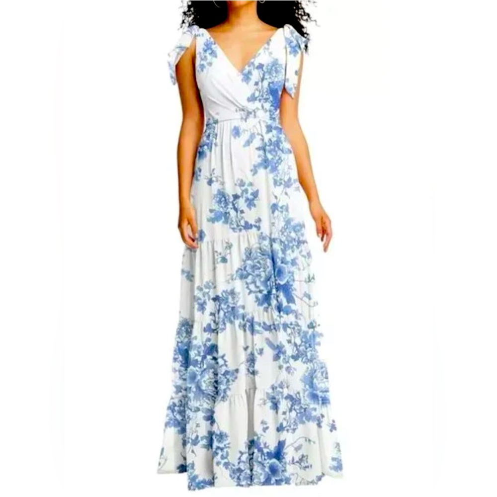 Floral V-Neck Maxi Wedding Dress in Blue and White